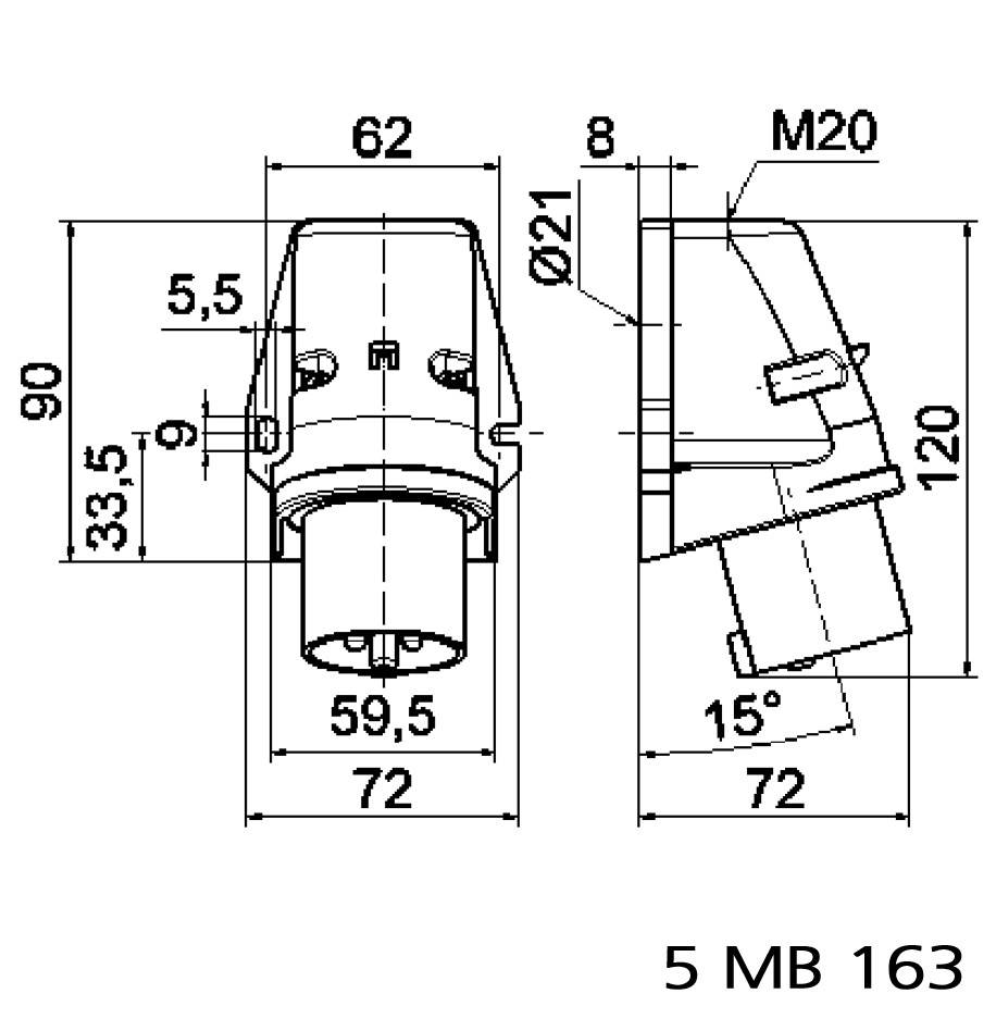 Rysunek techniczny gniazda elektrycznego, przedstawiający wymiary: wysokość 90 mm, szerokość 72 mm, kąt nachylenia 15 stopni. Numer modelu '5 MB 163'.