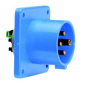 Niebieski wtyk przemysłowy z prostokątną podstawą, z czterema widocznymi stykami i otworami śrubowymi w narożnikach, przeznaczony do montażu ściennego.