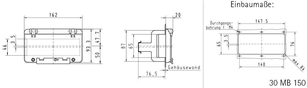 Rysunek techniczny prostokątnego elementu z wymiarami w milimetrach. Widoki z góry, z boku, z przodu; szczegóły montażowe.