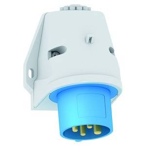 Biała i niebieska elektryczna wtyczka połączeniowa z trzema metalowymi stykami, odpowiednia do zastosowań przemysłowych.