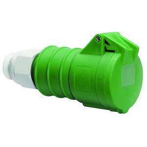 Zielony wtyk elektryczny z jednym złączem, odpowiedni do zastosowań przemysłowych.