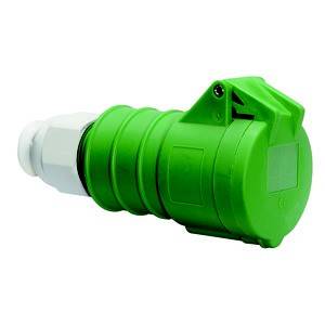 Zielony wtyk elektryczny, cylindryczny, o żebrowanej powierzchni i białym złączu, widok z boku.