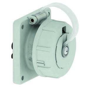 Przemysłowe gniazdo elektryczne w kolorze miętowej zieleni z zaokrąglonymi krawędziami i przezroczystą pokrywą ochronną, zamontowane na płycie ściennej.