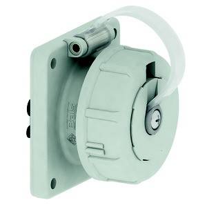 Ilustracja szarego, prostokątnego gniazda ściennego z osłoną ochronną i dwoma widocznymi śrubami.