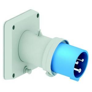 Elektryczne złącze: Niebieskie, cylindryczne, trzystykowe złącze z prostokątną podstawą montażową, przeznaczone do zastosowań przemysłowych.