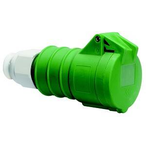 Zielony, cylindryczny czujnik z przyłączami, prawdopodobnie nadający się do zastosowań przemysłowych lub pomiarowych.