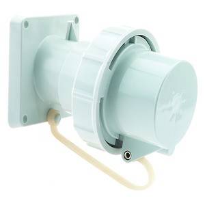 Biały, cylindryczny wtyk z płaskim panelem montażowym i żółtym przewodem, typowy dla zastosowań przemysłowych.