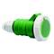 Zielony, przemysłowy wtyk z tworzywa sztucznego z białą osłoną, odpowiedni do wytrzymałych połączeń zewnętrznych w instalacjach elektrycznych.