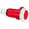 Czerwono-biała wtyczka elektryczna, projekt przemysłowy, stożkowa, z mocowaniami śrubowymi i zaślepką ochronną.