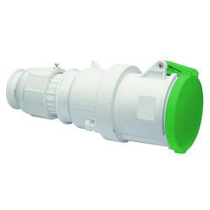 Biały, przemysłowy wtyk z zieloną pokrywą.