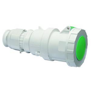 Biała przemysłowa wtyczka z zielonym wzorem kołowym, odpowiednia do bezpiecznych połączeń elektrycznych w wymagających środowiskach.