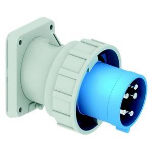 Niebieski, cylindryczny wtyk elektryczny z wieloma metalowymi stykami, podłączony do kwadratowej, szarej obudowy.