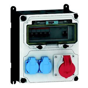 Elektryczna skrzynka rozdzielcza z dwoma niebieskimi i jednym czerwonym złączem, odpowiednia do zastosowań przemysłowych.