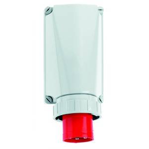 Pionowo zorientowane przemysłowe gniazdo w kolorze szaro-czerwonym, prezentujące kanciasty design z czterema śrubami w narożnikach.