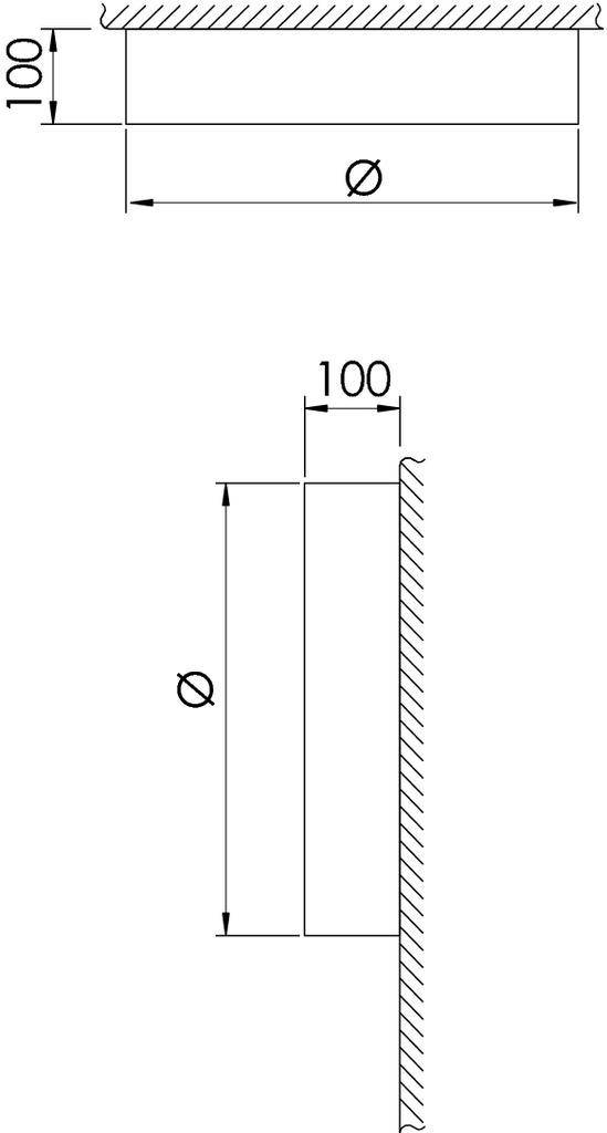 Rysunek techniczny cylindra, o średnicy i wysokości 100 mm, przedstawiony z dwóch widoków: widok z góry i widok z boku.