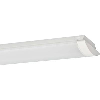 Biała lampa sufitowa LED o podłużnym, prostokątnym kształcie, idealna do równomiernego oświetlenia wnętrz.