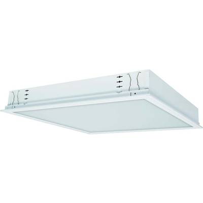 Lampa sufitowa o prostokątnym, płaskim designie, z białą ramą i zamocowanymi uchwytami po bokach.
