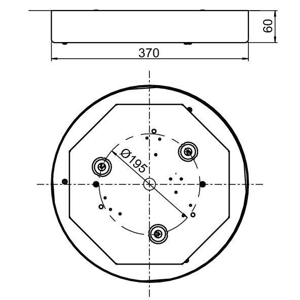 Rysunek techniczny okrągłego obiektu o średnicy 370 mm i wysokości 60 mm. Średni okrąg o średnicy 195 mm.