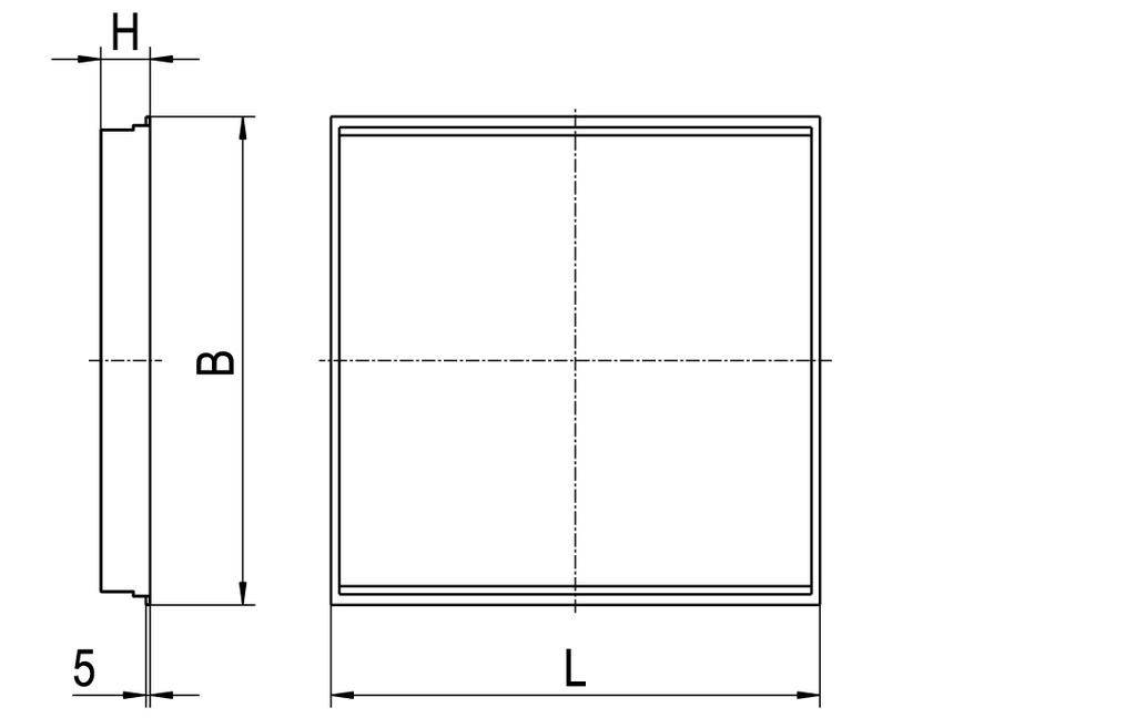 Rysunek techniczny prostokątnego obiektu z wymiarami. Pokazana wysokość (H), szerokość (B), długość (L) oraz pozycja rowka.