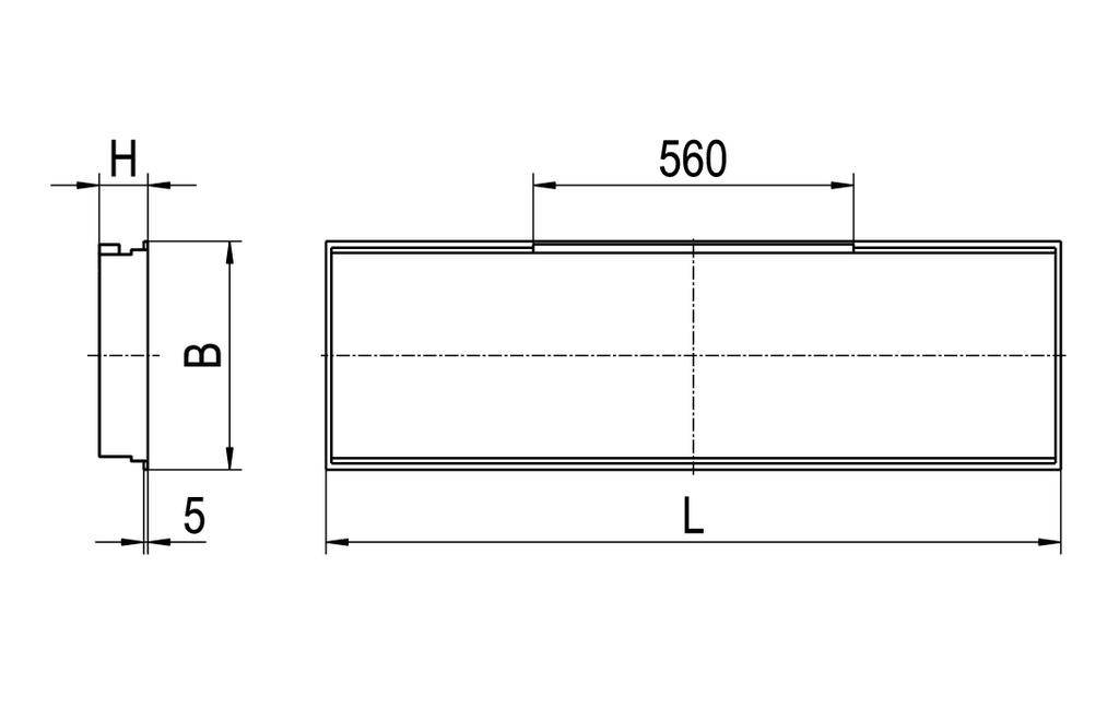 Rysunek techniczny prostokątnego elementu o wymiarach: długość 560 mm, szerokość B, wysokość H, stopka montażowa 5 mm.