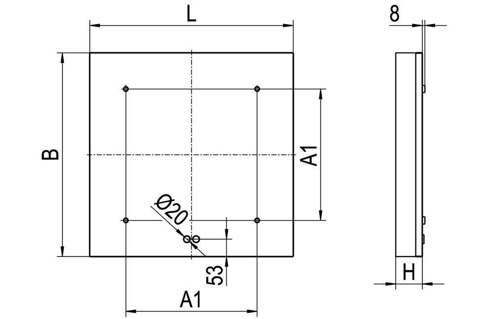 Rysunek techniczny elementu kwadratowego z wymiarami L, B, A1, H. Średnica otworu Ø20, rozstaw otworów 53 mm.