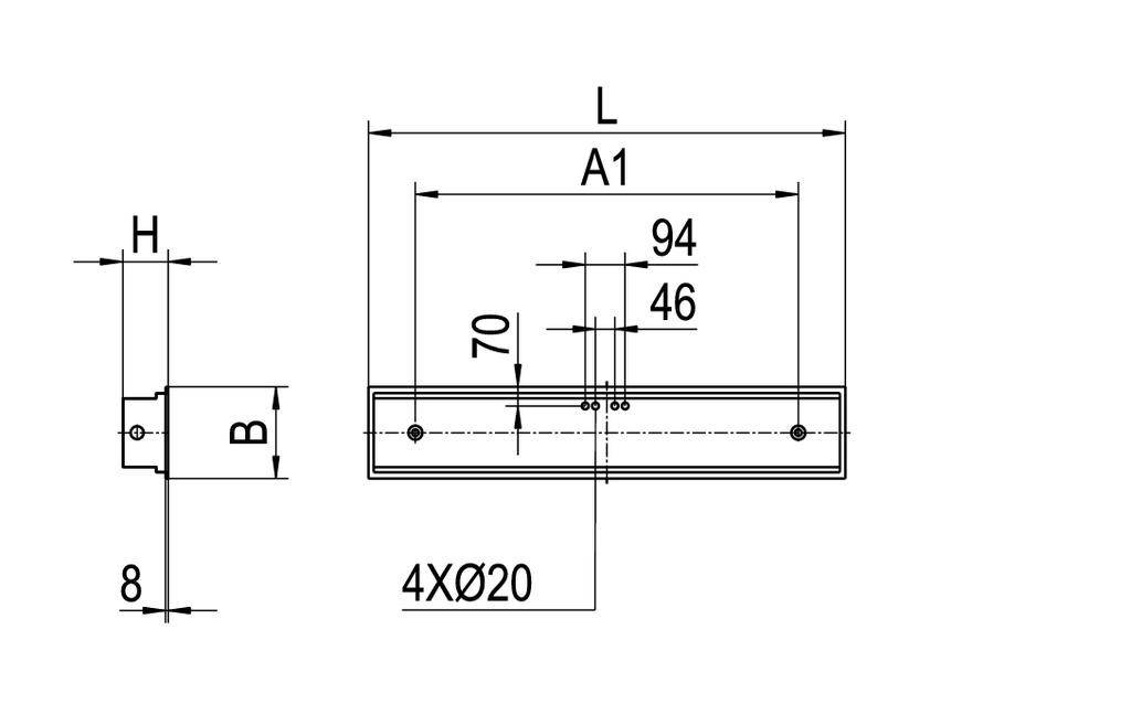 Rysunek techniczny prostokątnego elementu metalowego z otworami. Wymiary: L, A1, 94, 46, B, H, 70 oraz Ø20. Specyfikacje produkcyjne.