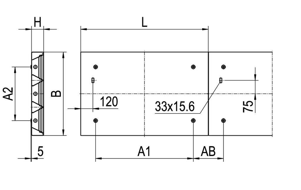 Rysunek techniczny prostokątnej płyty z otworami, opisany następującymi wymiarami: H, L, B, A1, A2, AB, 33x15,6 oraz 120.