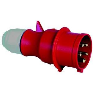 Czerwona, przemysłowa wtyczka z trzema stykami i białym złączem kablowym. Wtyczka nadaje się do mocnych połączeń elektrycznych.