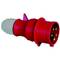 Czerwona, przemysłowa wtyczka z trzema stykami i białym złączem kablowym. Wtyczka nadaje się do mocnych połączeń elektrycznych.