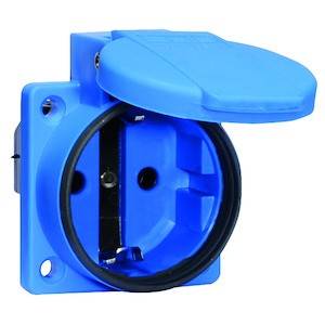 Niebieskie gniazdo elektryczne z pokrywką, otwarte.