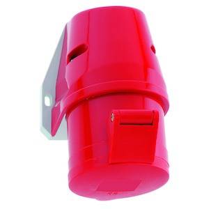 Czerwony adapter gniazda elektrycznego z osłoną ochronną, nadający się do montażu ściennego.