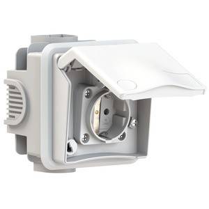 Elektryczna zewnętrzna wtyczka z szarego tworzywa sztucznego z klapką, odpowiednia do użytku na wolnym powietrzu.