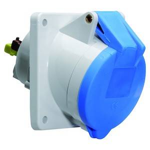 Niebieski elektryczny złącz z tworzywa sztucznego jest zamontowany na ścienie i jest często stosowany w środowiskach przemysłowych.