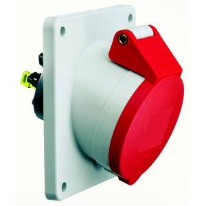 Przemysłowe gniazdo elektryczne, czerwone i białe, o kwadratowej podstawie, odpowiednie do podłączeń wysokowydajnościowych w zastosowaniach przemysłowych.