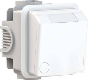 Biały, prostokątny włącznik ścienny o zaokrąglonym designie. Jest lekko pochylony do przodu i posiada boczną kratkę wentylacyjną.