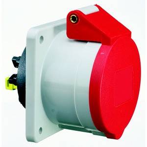 Czerwone gniazdko elektryczne na białym uchwycie ściennym, bez widocznych przewodów lub przyłączy.