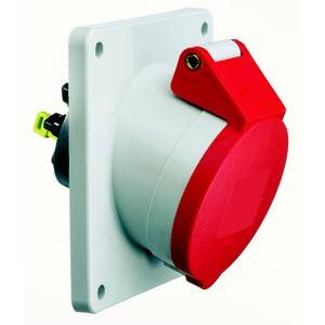 Przemysłowe gniazdo wtykowe z czerwoną obudową i klapką ochronną, zamontowane na białej płycie, przeznaczone do stosowania w instalacjach elektrycznych.