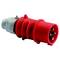 Czerwony, okrągły 5-stykowy wtyk CEE do przemysłowych zastosowań elektrycznych, odpowiedni do wysokiego napięcia i dużego natężenia prądu.