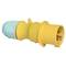 Żółta wtyczka elektryczna z niebieskim zamknięciem śrubowym, odpowiednia do zastosowań przemysłowych.