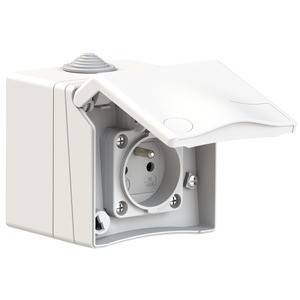 Biała zewnętrzna wtyczka z białą pokrywą, otwarta. Odpowiednia do użytku na zewnątrz, odporna na warunki atmosferyczne.