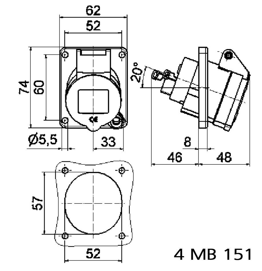 Rysunek techniczny złącza elektrycznego z wymiarami: wysokość 74 mm, szerokość 62 mm, kąt nachylenia 20 stopni.