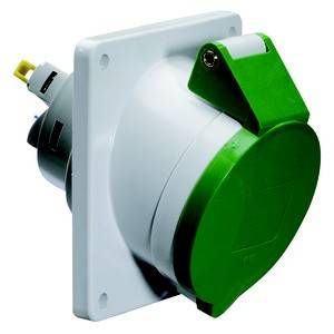 Zielony, prostokątny złącz elektryczny z osłoną ochronną i płytą montażową. Idealny do zastosowań przemysłowych.