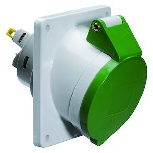 Biały, kwadratowy adapter wtykowy z zielonym pokrywką, odpowiedni do zastosowań przemysłowych.