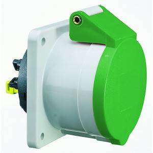 Biało-zielona plastikowa osłona gniazda elektrycznego z klapką i otworami na śruby do montażu ściennego.