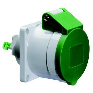 Gniazdo przemysłowe z zielonym zamknięciem, odpowiednie do wysokich obciążeń prądowych w zastosowaniach przemysłowych.