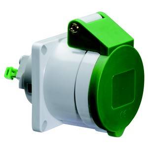 Zielony, okrągły wtyk przemysłowy zamocowany na białym uchwycie, przeznaczony do przemysłowych instalacji elektrycznych.