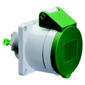 Zielony i biały przemysłowy złącze elektryczne z osłoną ochronną, przeznaczone do stosowania w wymagających instalacjach elektrycznych.