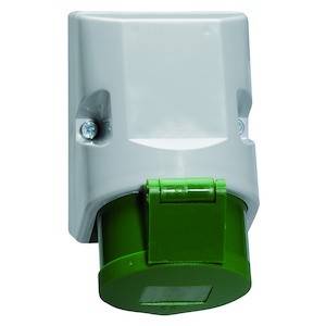 Szare obudowa z zielonym, prostokątnym złączem, prawdopodobnie przemysłowe złącze lub element elektryczny.