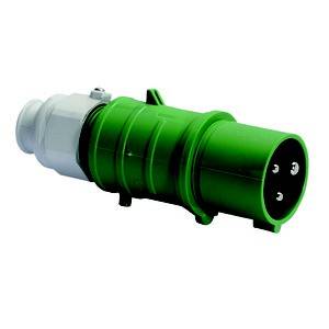 Zielony wtyk elektryczny o trzech stykach z szarą izolacją, przeznaczony do zastosowań przemysłowych.