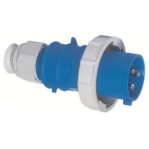 Niebieski, przemysłowy wtyk z trzema metalowymi stykami i szarą nakrętką, odpowiedni do wytrzymałych zastosowań elektrycznych.